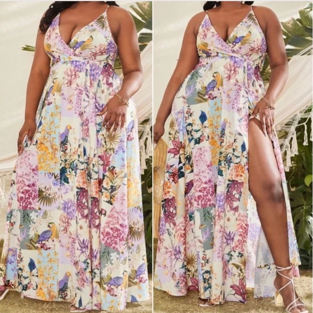 Boho Floral Print Criss Cross Back Maxi Wedding Party Dress - Picture 3 of 5